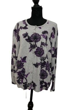 croft & barrow Gray and Purple Floral Button-Front Cardigan